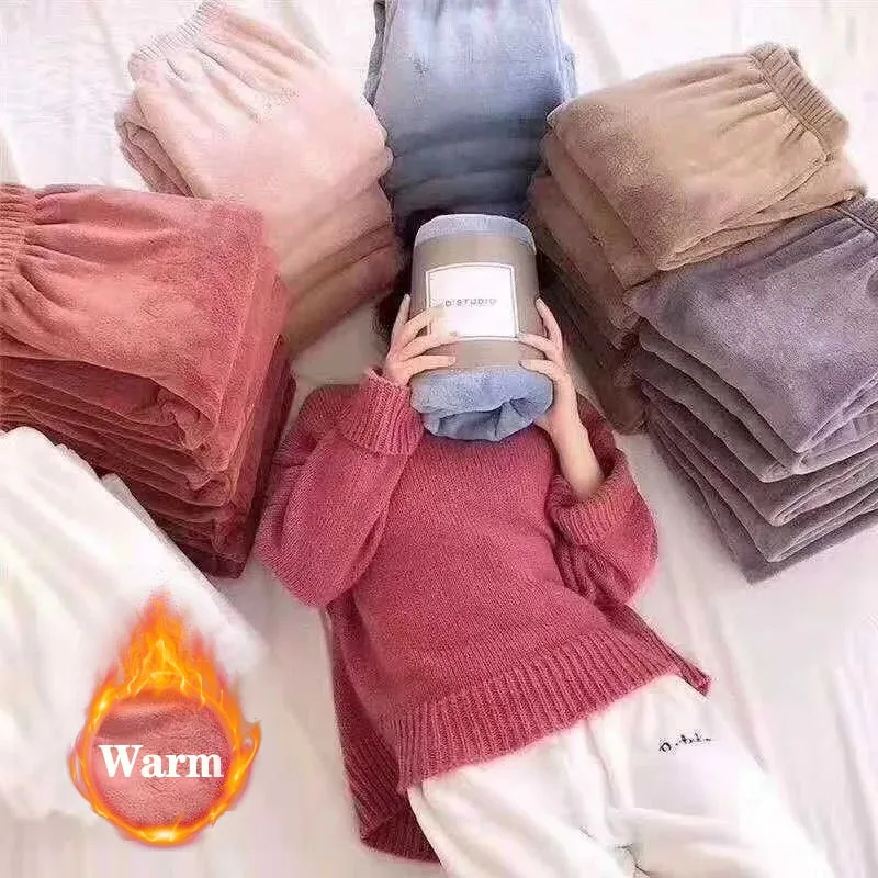 

Термоштаны для отдыха, женские корейские пушистые брюки из кораллового флиса, теплые мягкие спальные штаны для дома, путешествий, зимы