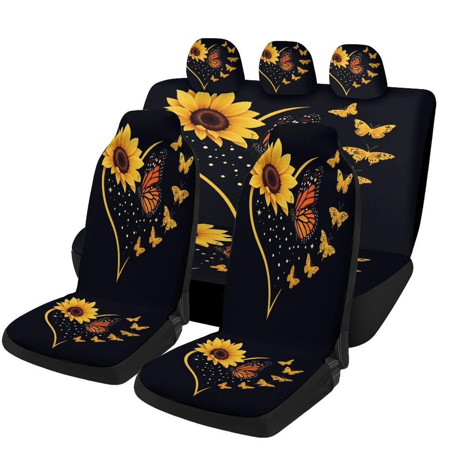 Sunflower Butterflies Heart Designed Car Seat Covers Set For Most Cars, Trendy Breathable Decorative Car Seat Protector Covers F