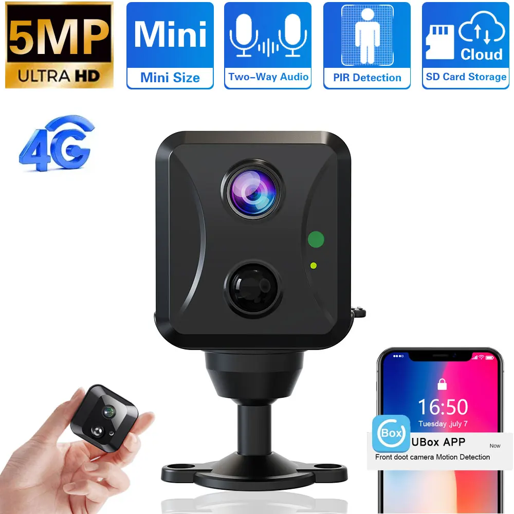 

5MP 4G SIM Card Mini Size Camera Built-in Battery Two-Way Audio PIR Detection 4X Digital Security Surveillance IP Camera UBox