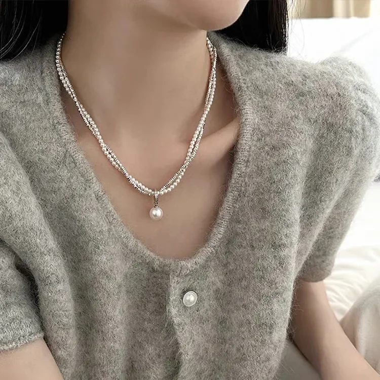 Double Layer Silver Metal Pearl Pendant Necklace Women's Design Sensibility Niche Vintage Unique Versatile Clavicle Chain