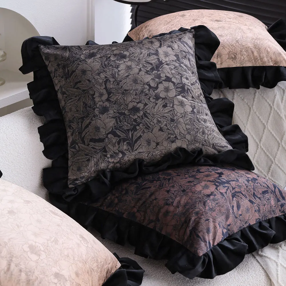 18x18 Inch Dutch Velvet Floral Throw Pillow Cover with Ruffles - Elegant Black Decorative Cushion Case for Sofa, Bedroom, Office