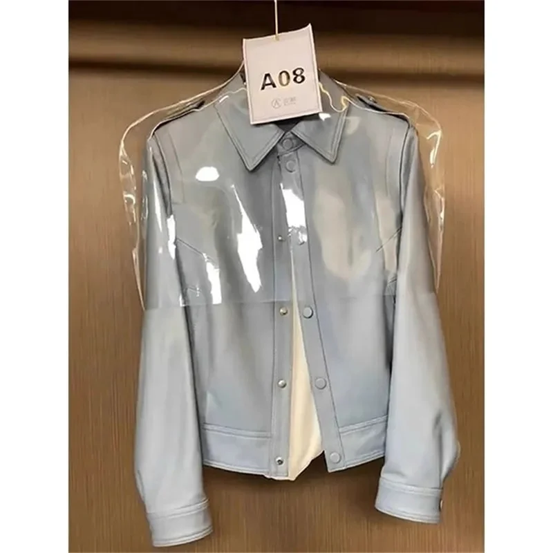 

High End Blue Leather Jacket For Women, 2025 Autumn New European Style Versatile Sweet and Cool Loose Jacket Top Women