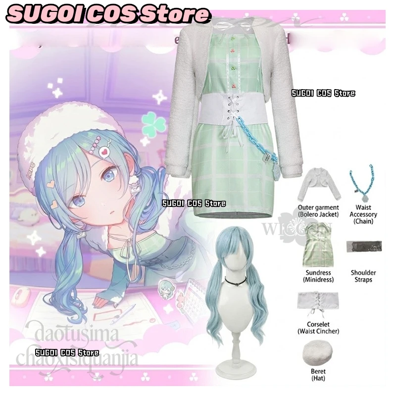 

Аниме-игра Project Sekai New Event: Погоня за моим ИДЕАЛЬНЫМ ИДОЛОМ! Косплей Хиномори Шизуку: зеленое платье, униформа идола, белая шляпа, мода Y2K