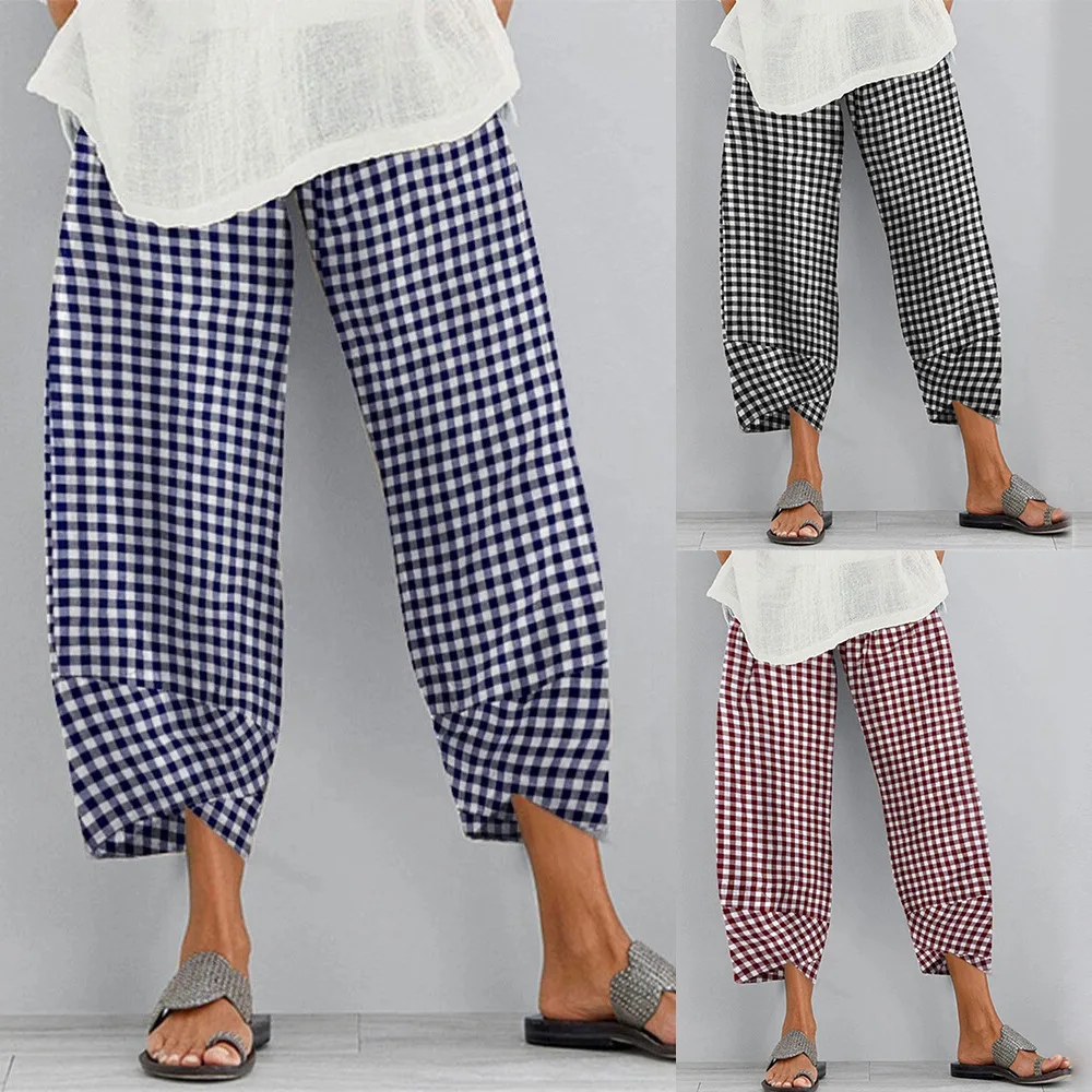 New Womens Sexy Cropped Pants with Checkered Panels Trousers Women