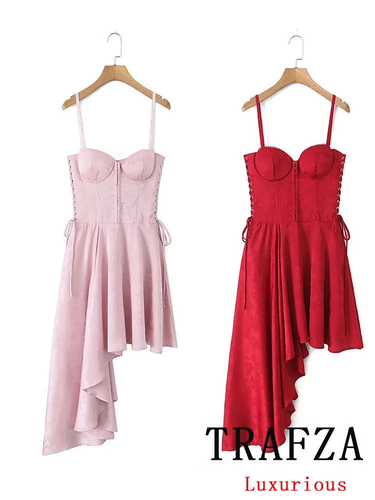 

TRAFZA Chic Sexy Women Dress Solid Camisole Sleeveless Lace-up Short Asymmetrical Vestidos New Fashion 2025 Spring Summer Dress