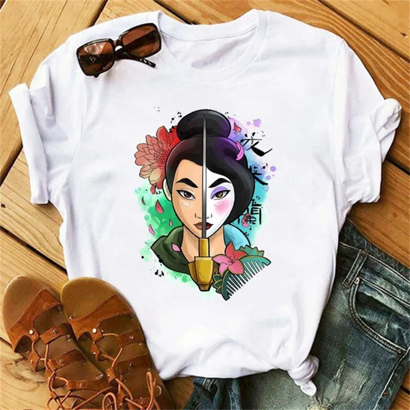 Disney-T-shirt manches courtes femme, décontracté, avec dessin animé Disney, princesse Mulan, à la mode