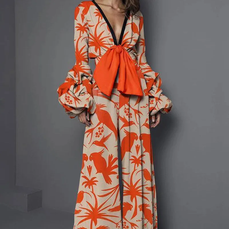 Mono elegante con mangas abullonadas para mujer, pelele Sexy con escote en V profundo y lazo, mono holgado con estampado de moda para ir al trabajo,