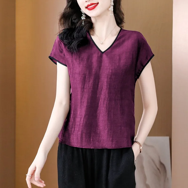 

Женская шелковая футболка свободного кроя с V-образным вырезом, летняя новинка, с узором «кракле», короткий рукав, из натурального шелка, для коррекции фигуры, стандартная длина