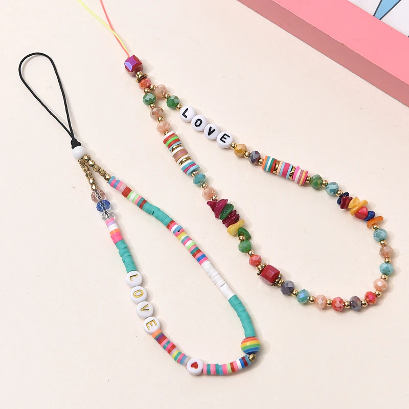 Fashion Women Clay Stone Beads Acrylic Mobile Phone Chain For Cellphone Strap Lanyard Hanging Cord Keychain Jewelry Accessories