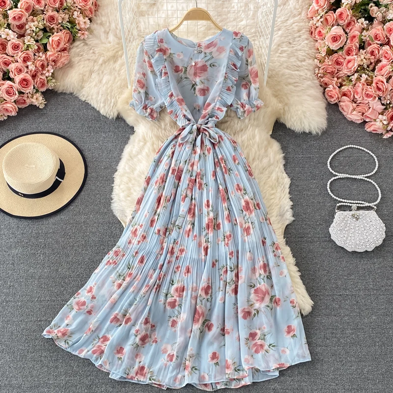 

Chiffon Dress 2023 New Spring/Summer Women's Style V-Neck Long Irregular Holiday Style Pleated Flower Skirt Korean