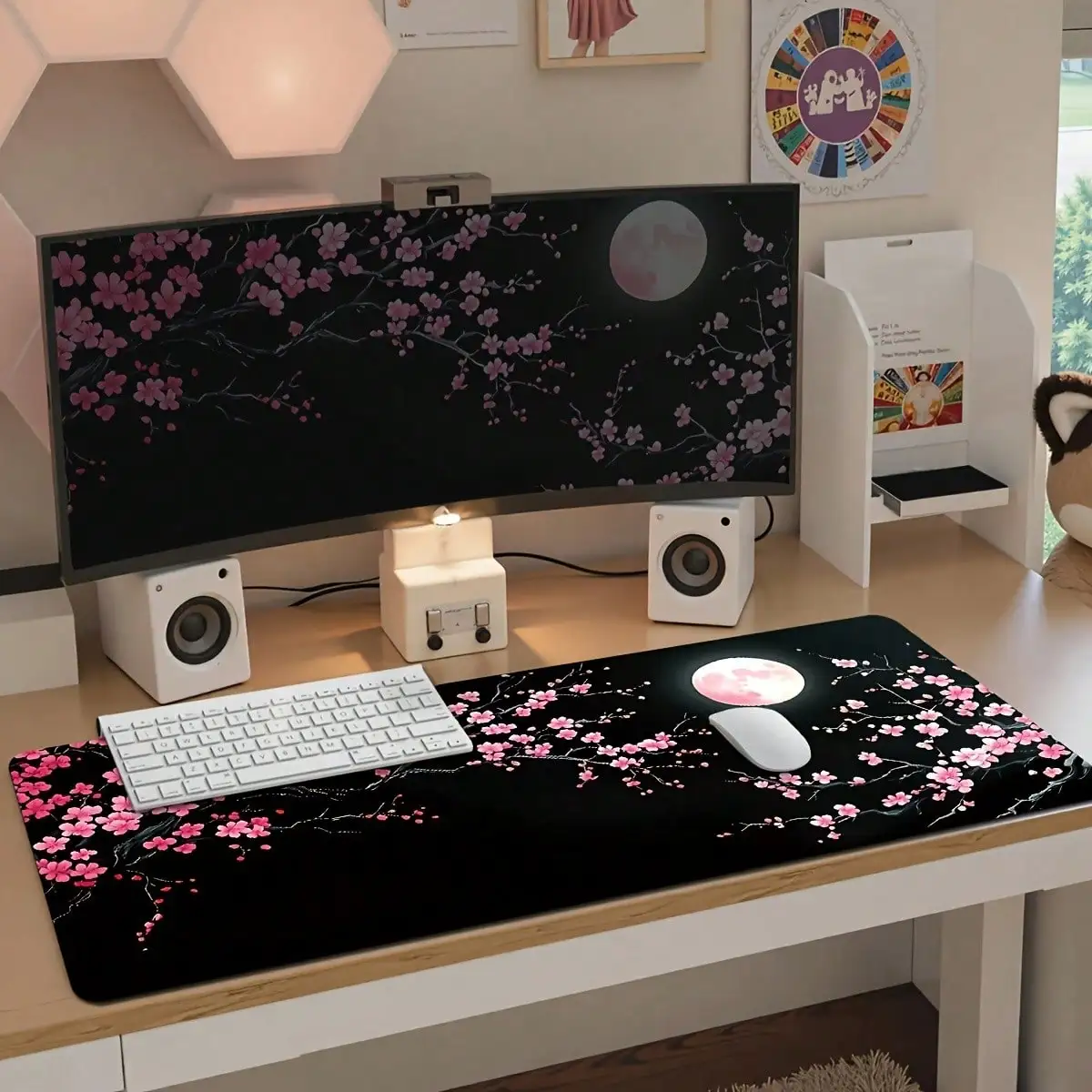 1 Cute Pink Plum Blossom Gaming Mouse Pad And Keyboard Mat With A Moonlight Design, Suitable For PC Computers. This Laptop Desk Mat Features A Durable Non-Slip