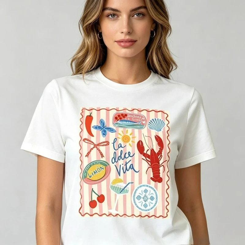 La dolce vita T-Shirt Mediterranean Travel Print 100% Cotton Women Summer Vacation Casual Streetwear Gift Tee