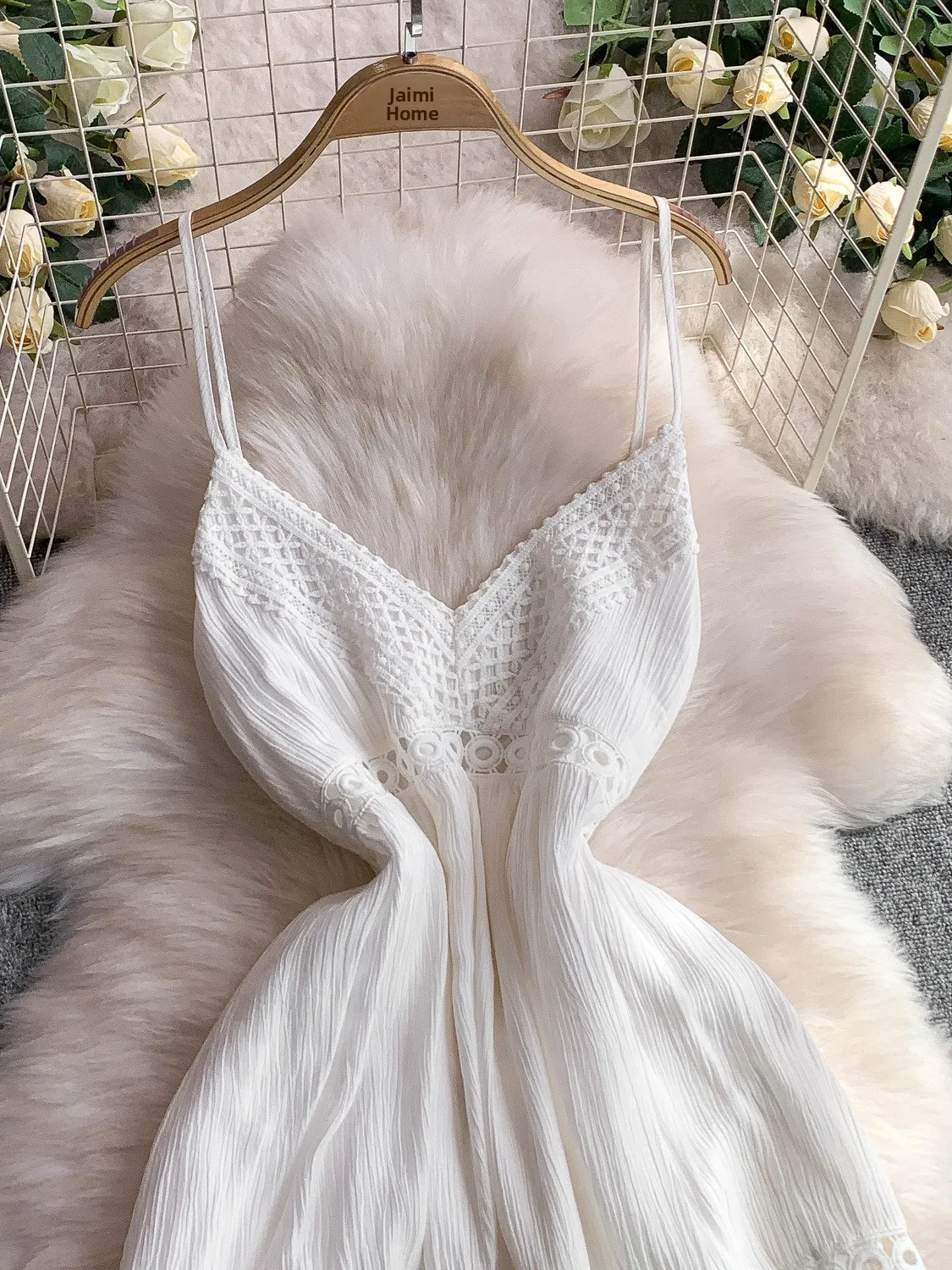 فستان نسائي طويل بتصميم بوهيمي مثير بظهر مكشوف وياقة على شكل V مع أشرطة، مزين بالدانتيل الأبيض، إصدار كوري مجوف على شكل حرف A #3