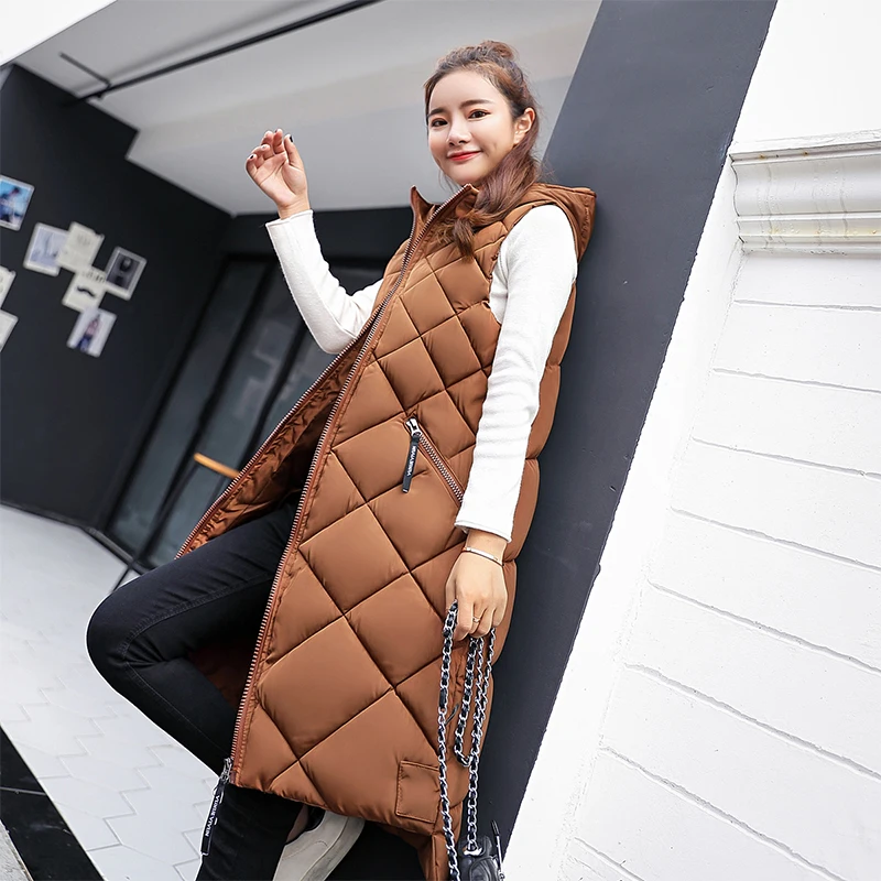 Women Winter Sleeveless Vest Coat Casual Loose Long Cotton Down Jacket Hooded Padded Vests Quilted Windproof Warm Waistcoat