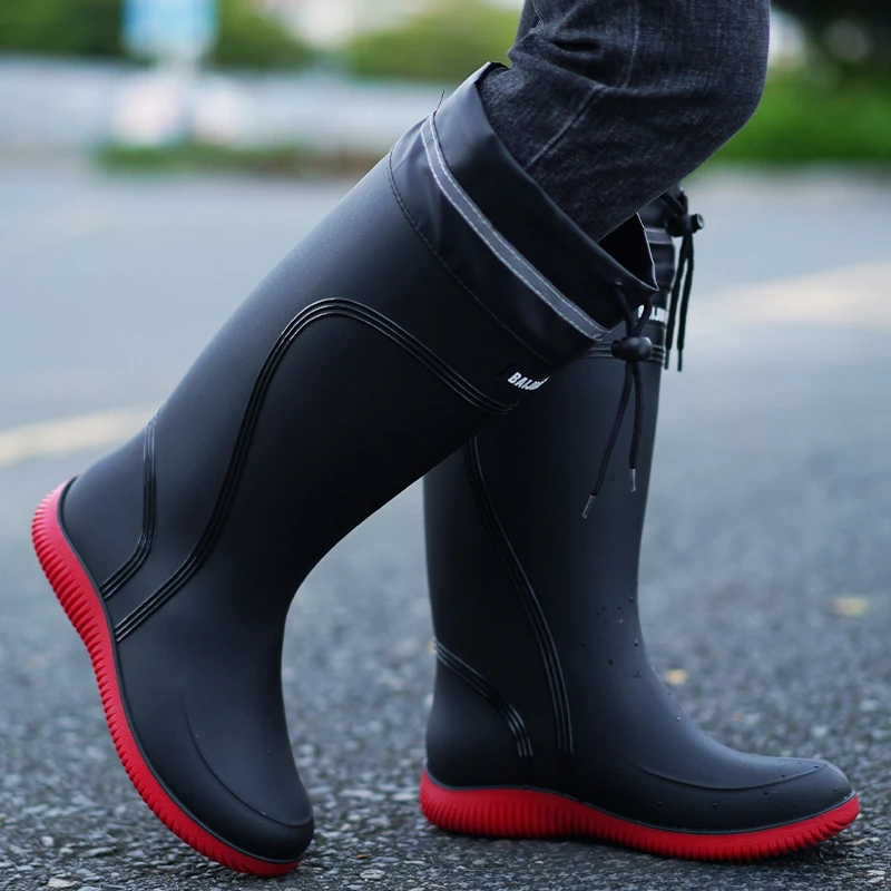 Men's Rain Boots Waterproof Mid Calf Boots Non-slip Rainproof Work Boots Outdoor Water Shoes Soft Drawstring Rubber Boot Botas