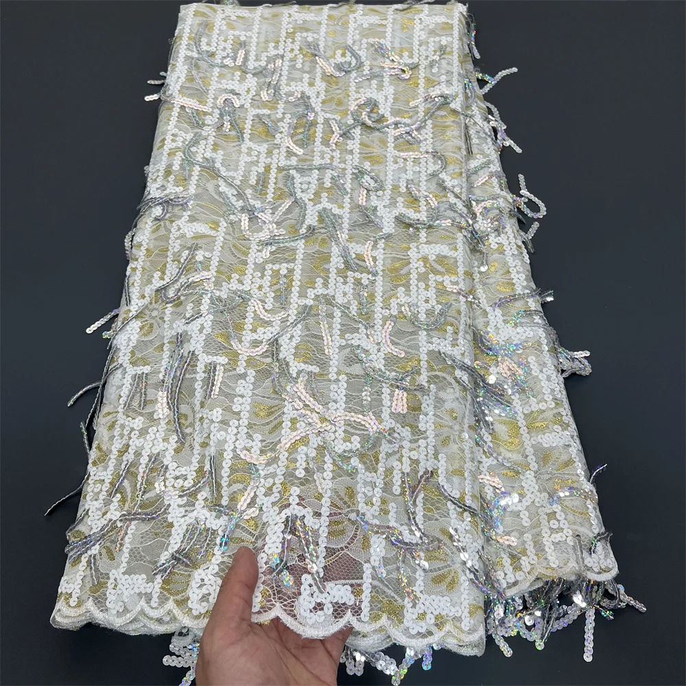 Nigerian Tulle with Sequins Embroidery, Lace Fabric, Beads, Stone Prom Dresses, Sewing, High Quality, 2024, PS0051, 5Yards