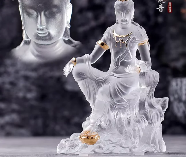Glaze Water Moon Guanyin Statue Bodhisattva of Serenity for Home or Temple, Traditional Buddhist Figurine