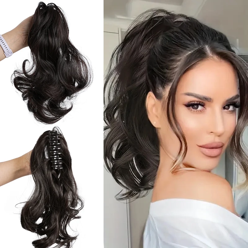 

16-дюймовый длинный волнистый черный коричневый синтетический зажим для когтей, термостойкий тип, многослойный конский хвост, наращивание волос