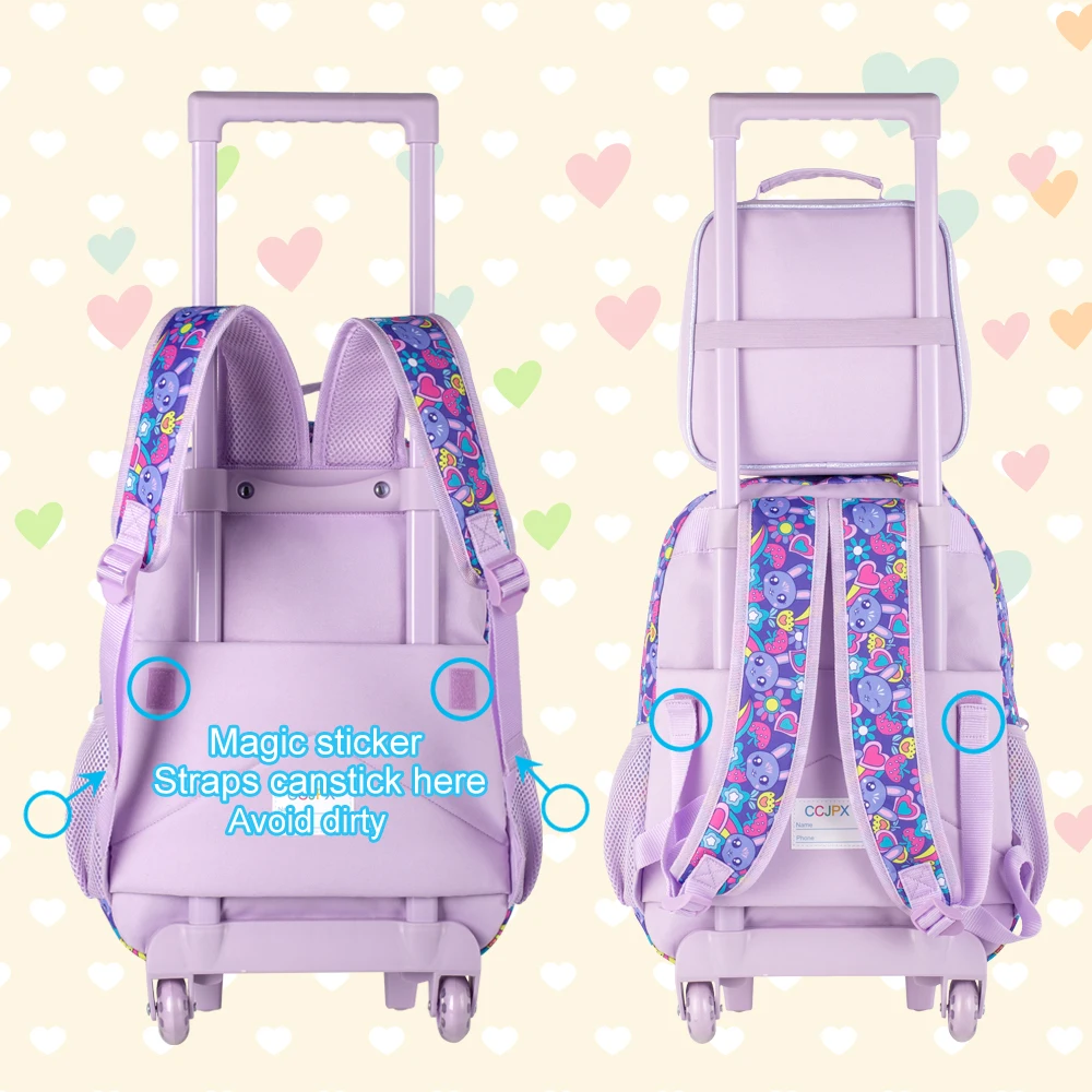 3PCS Rolling Backpack for Girls, Kids Roller Wheels Bookbag, Wheeled Elementary School Bag with Lunch Bag - Rabbit