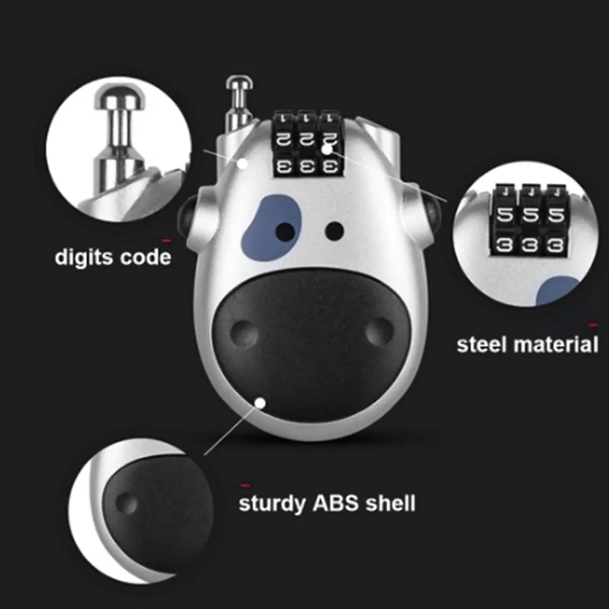 Compatible Telescopic Coded Lock Cartoon Cow Lock with Retractable Steel Cable Steel Cable Password Lock Accessory