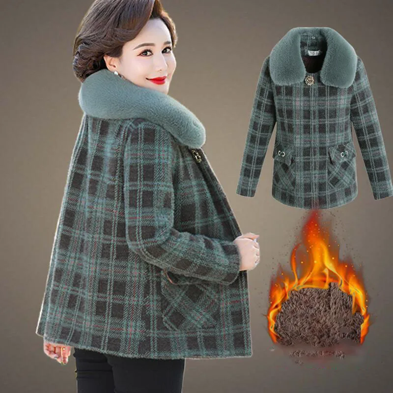 Plush Thicken Warm Women Mink Velvet Jackets Fashion Plaid Casual Loose Elegant Woolen Overcoat 2023 Autumn Winter Female Coat