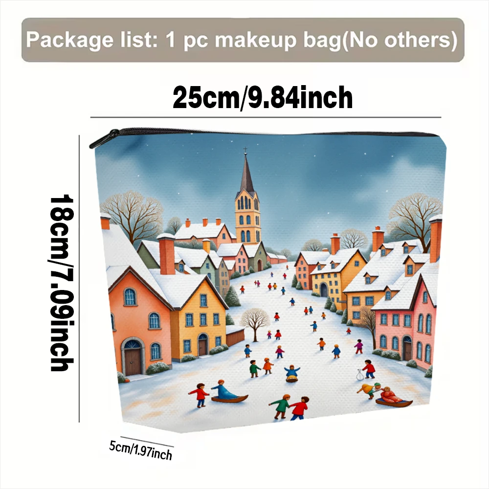 Winter Village Scene With People Skiing Makeup Bags for Girls Cosmetic Pouch Toiletry Bag Pencil Case Travel Storage
