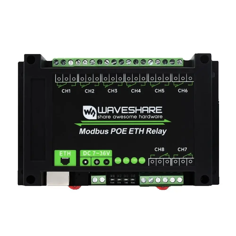 

Waveshare 8-ch Ethernet Relay Module, Modbus RTU/Modbus TCP Protocol, PoE Port Communication, with Various Isolation