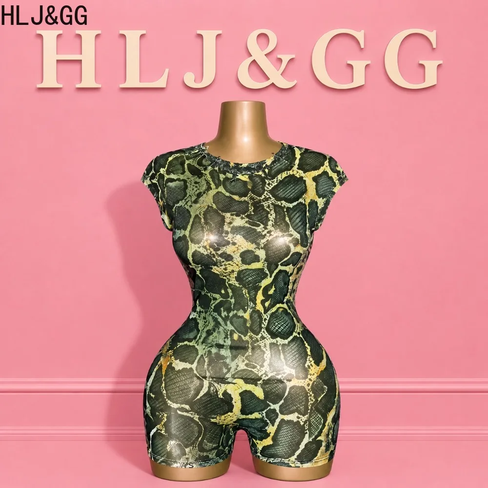 HLJ&GG Sexy Women Dragon Print Romper Sheer Mesh Sleeveless Bodycon Short Jumpsuit Y2K Streetwear Clubwear Festival Party Outfit