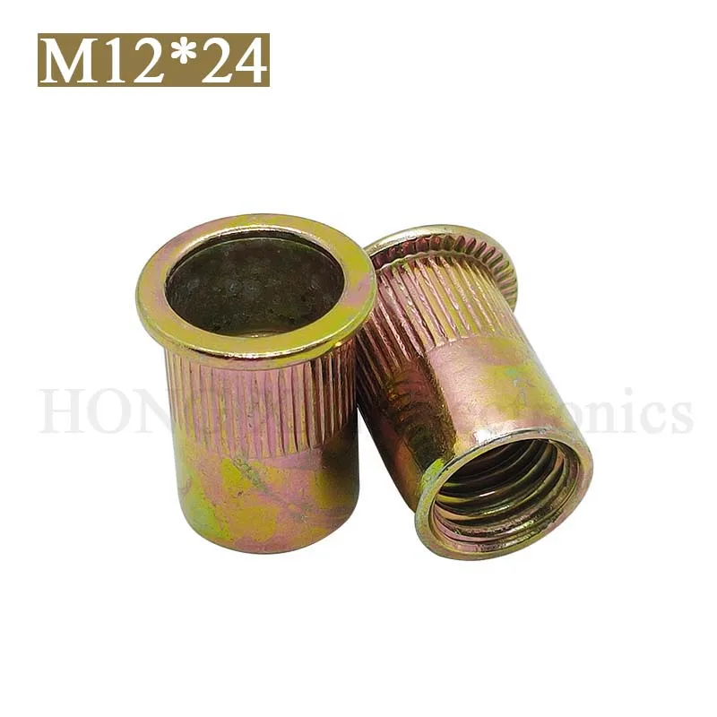 M12*24 Zinc Plated Carbon Steel Knurled Nuts Rivnut Flat Head Threaded Rivet Insert Nutsert Cap Rivet Nut