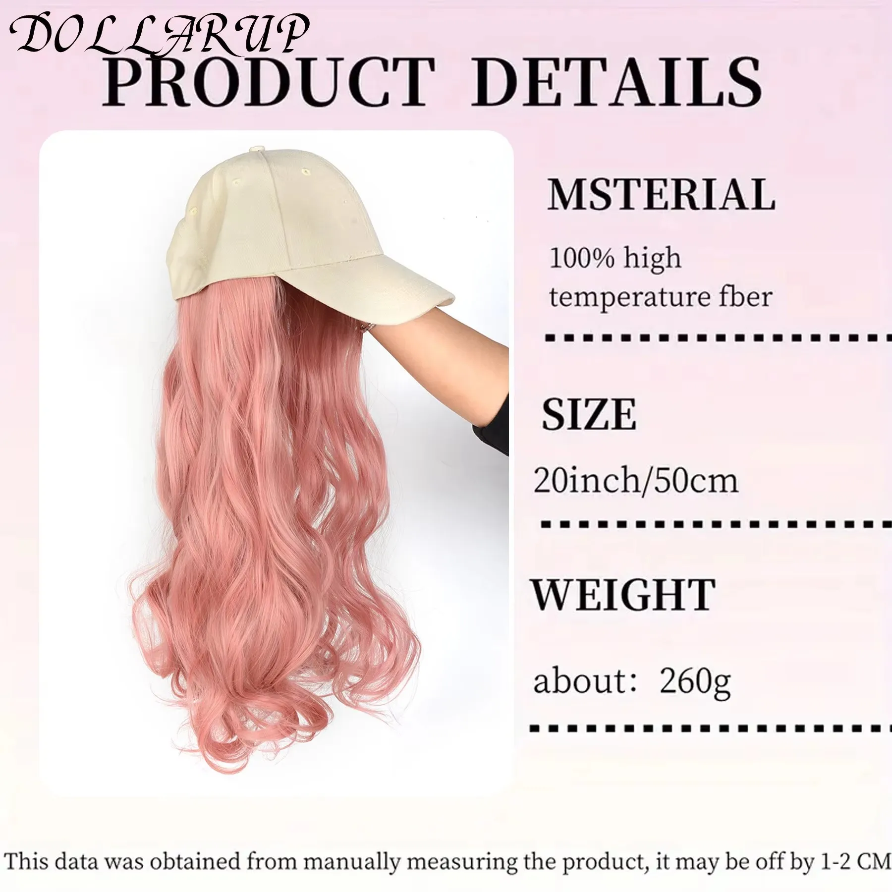 JKL golden Pink Long Synthetic Fluffy Natural Wavy Curly Hair Wigs with Hat Baseball Cap Naturally Connect Adjustable Hat Wig