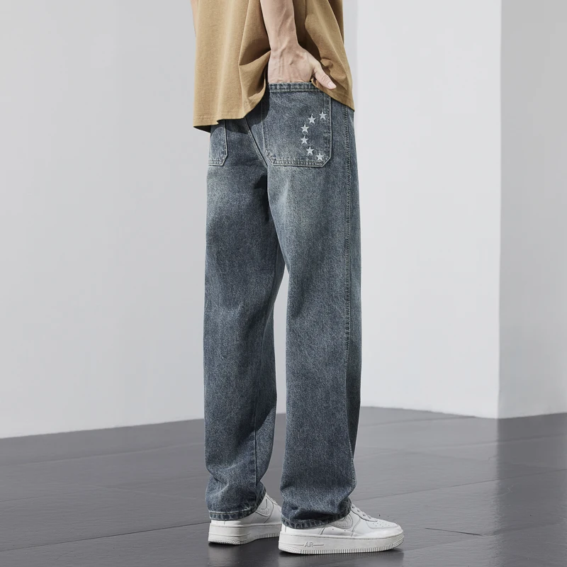 

Vintage Jeans Men's New Star Printing Streetwear Baggy Straight Personality Korean Fashion Male Wide Casual Denim Trousers