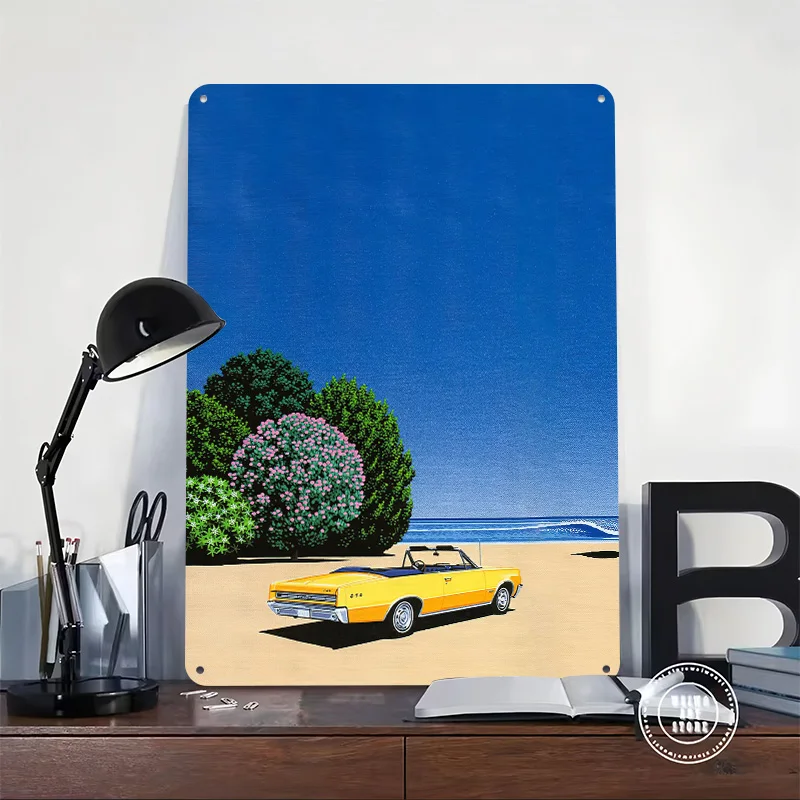 Hiroshi Nagai Yellow Convertible on Beach Printed Poster Customized Wall Art Retro Vintage Metal Tin Signs for Garage Home Decor