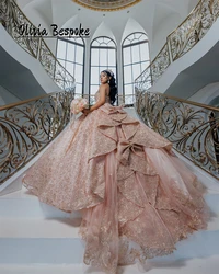 Blush Pink Beaded Lace Appliques Quinceanera Dresses With Bow Ruffles Ball Gown 15 Years Old Dress For Birthday Party Customized
