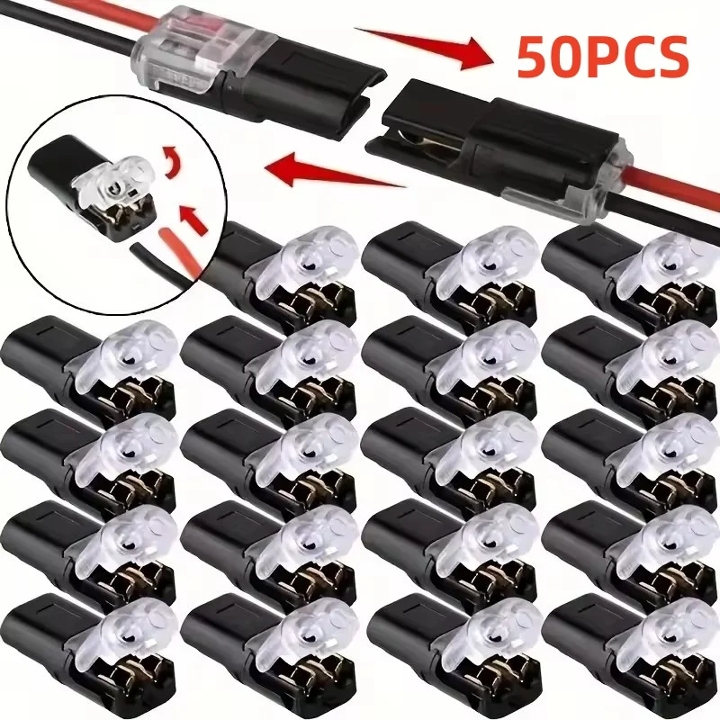 50/1pcs Double-Wire Plug-in Connector with Locking Buckle Pluggable LED Wire Connector 2 Pin 2 Way Universal Compact Wire