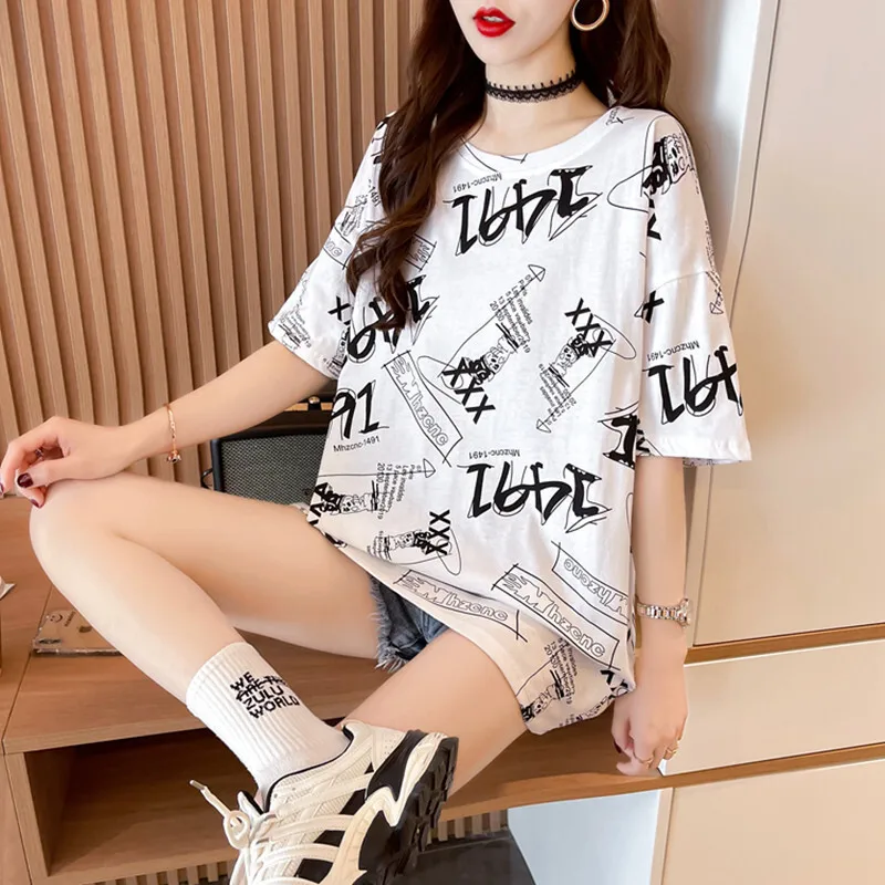 Summer New Short Sleeved Mid Length Korean Women's Top Instagram Trendy Half Sleeve Loose Versatile T-Shirt