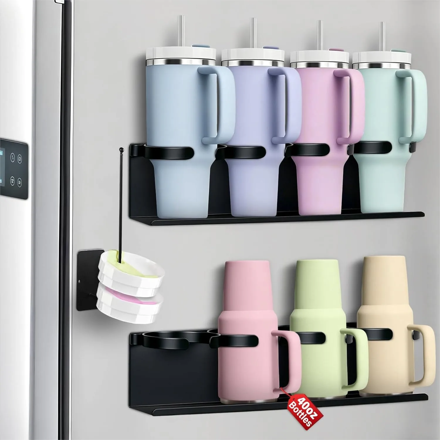 

Magnetic Cup Holder for Fridge, 8 Cups Water Bottle Organizer with Tumbler Lid Organizer, Heavy Duty Kitchen Storage Rack
