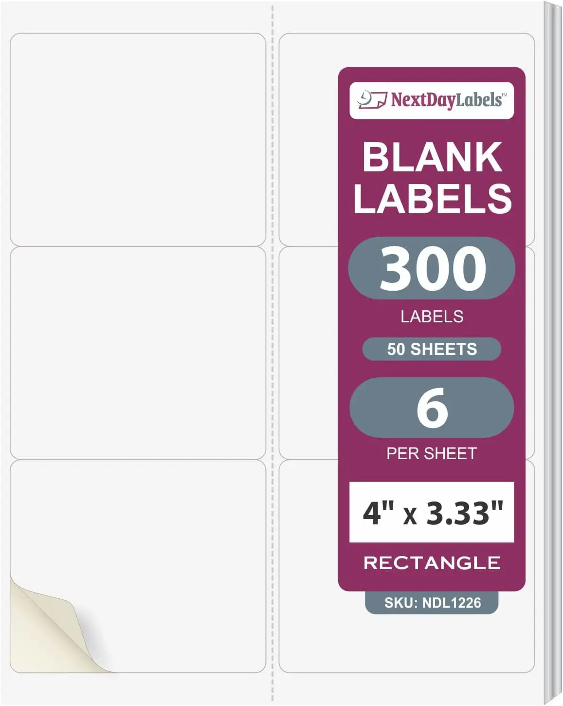 

4x3-1/3 Inch Rectangular Sticker Labels for Laser/Inkjet Printers - 50 Sheets, 6 Per Sheet, 300 Labels Total