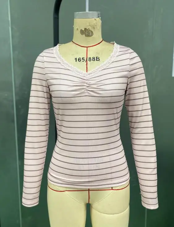 

Кружевная полосатая футболка 2025, новая мода, осенний теплый топ с длинными рукавами для женщин, элегантный сексуальный топ