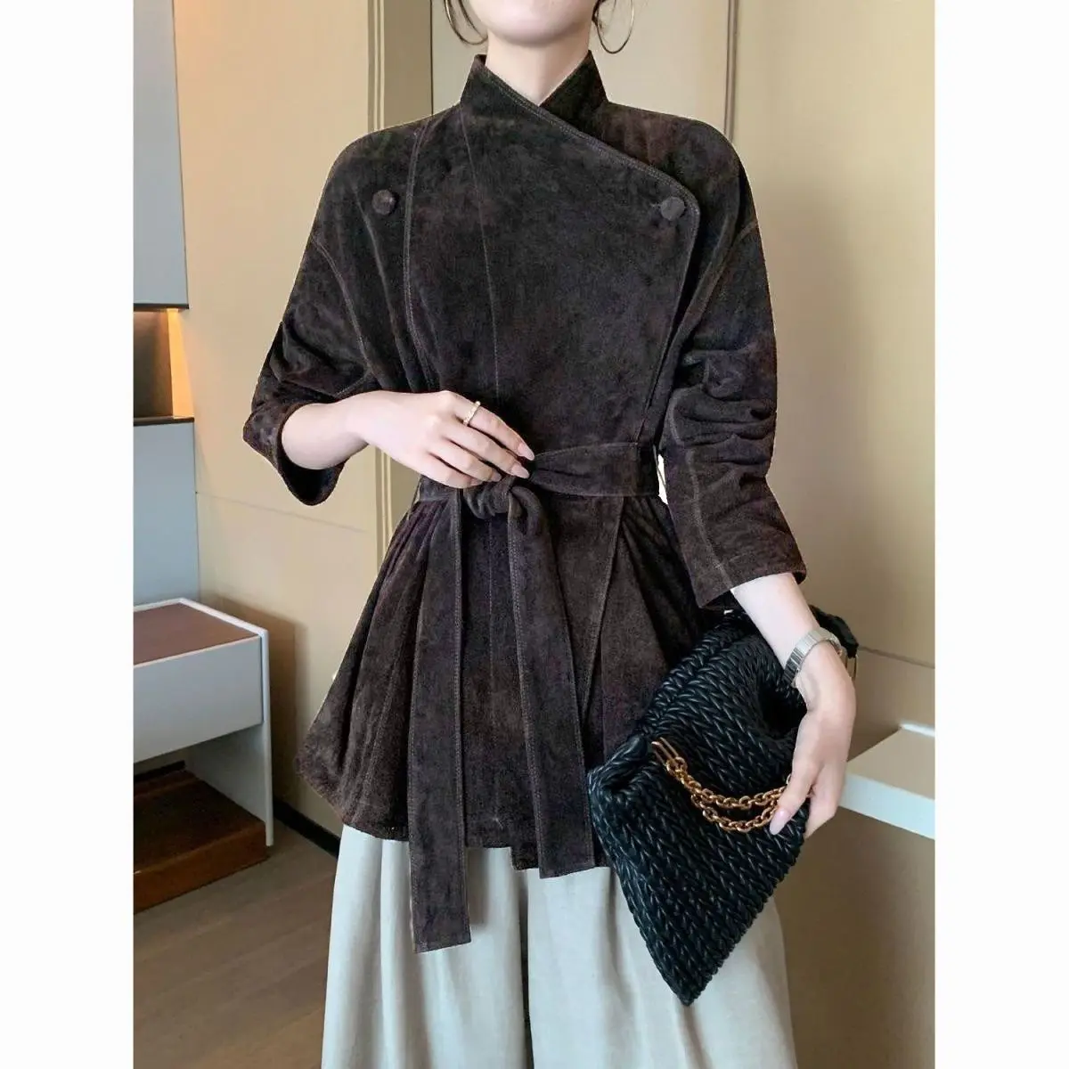 

Jacket Women's Spring New 2026 Design Sense Locomotive Medium and Long Coffee Casual Jacket