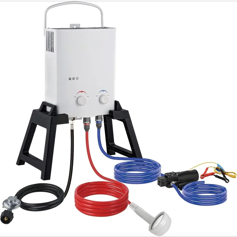 Portable Tankless Water Heater, 1.32 GPM Outdoor Camping Propane Gas Water Heater Pump w/Free-standing Stand and Carry Bag