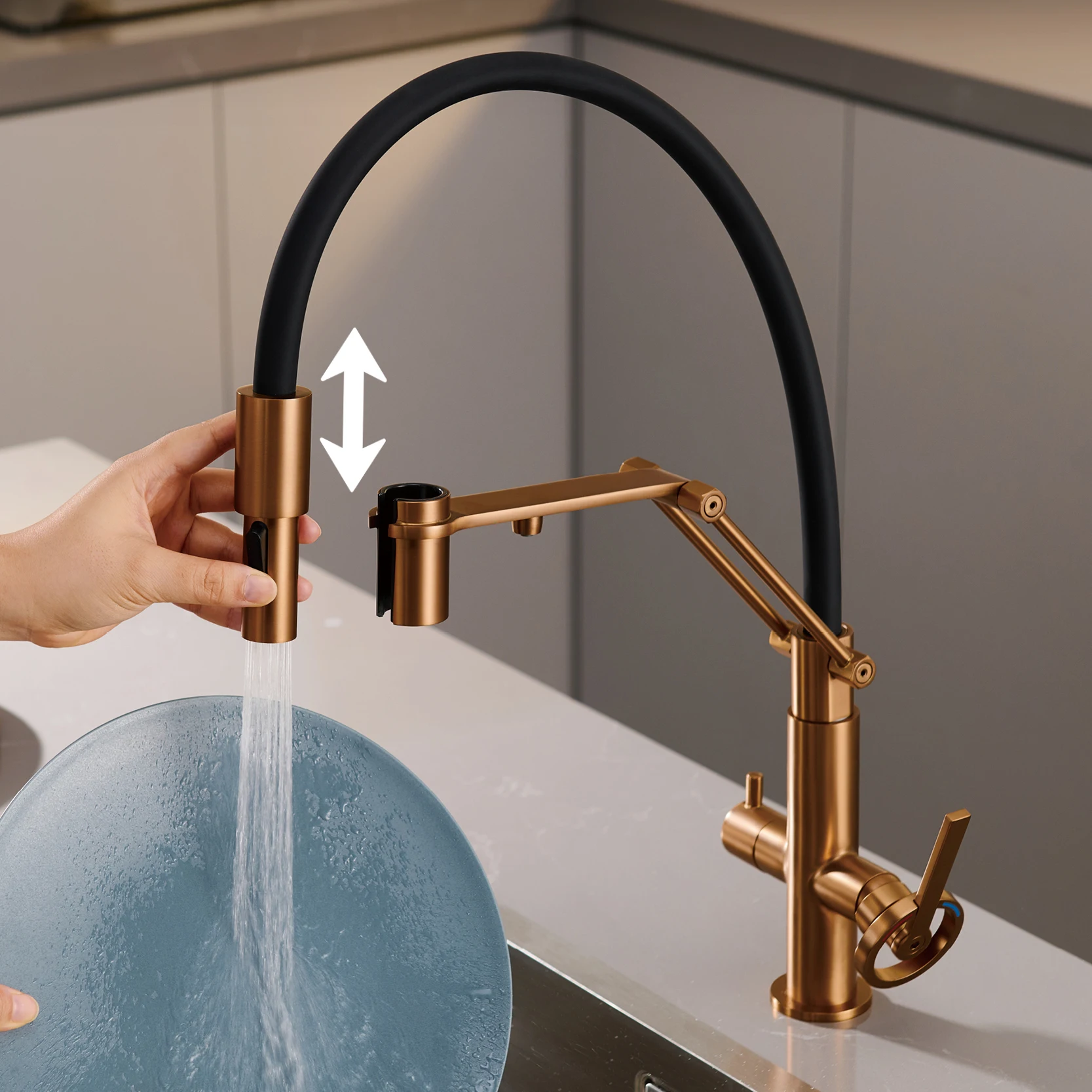 Gun Gray Brass Island Style Kitchen Faucet with Filtered Water Pull Out Sprayer. Two Handle Hot & Cold Water 2-Function Sink Mix