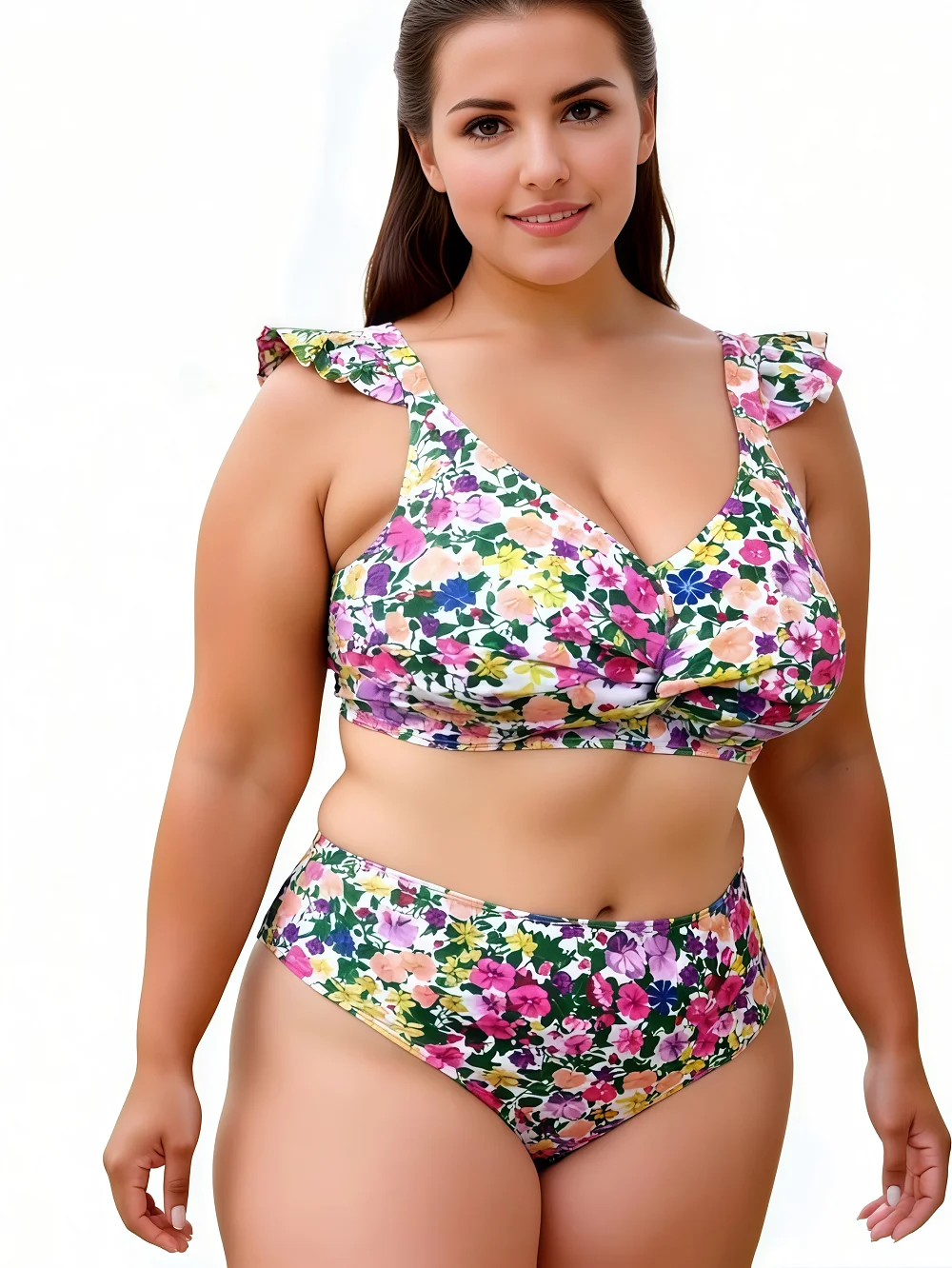 

2025 Summer Women's Plus Size Swimwear Sexy Ladies Bathing Suit Ruffle Trim Top Curvy Bikini Set Two Piece Female Swimsuit