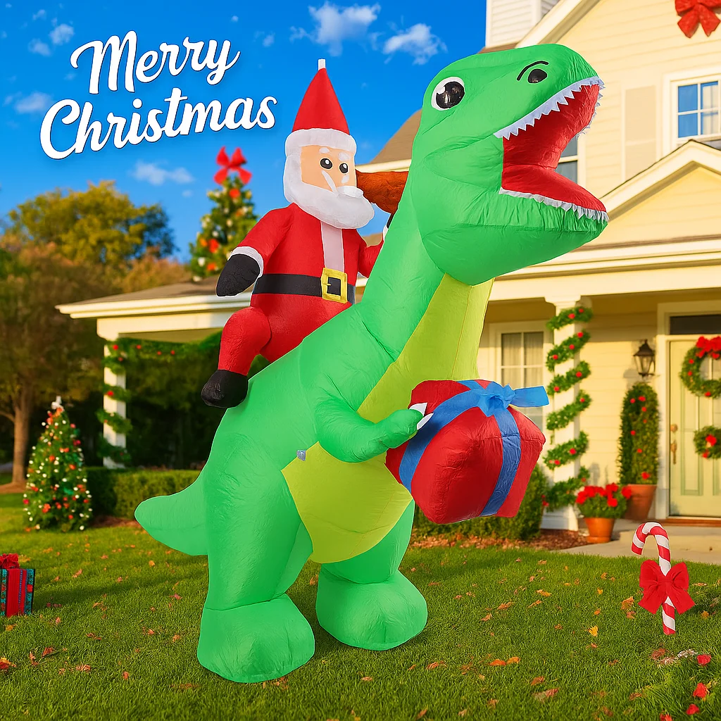 5.91FT Christmas Holiday Inflatable Santa Claus Dinosaur Toy LED Lit Home Supplies Ornament Gift Xmas Yard Lawn Party Decoration