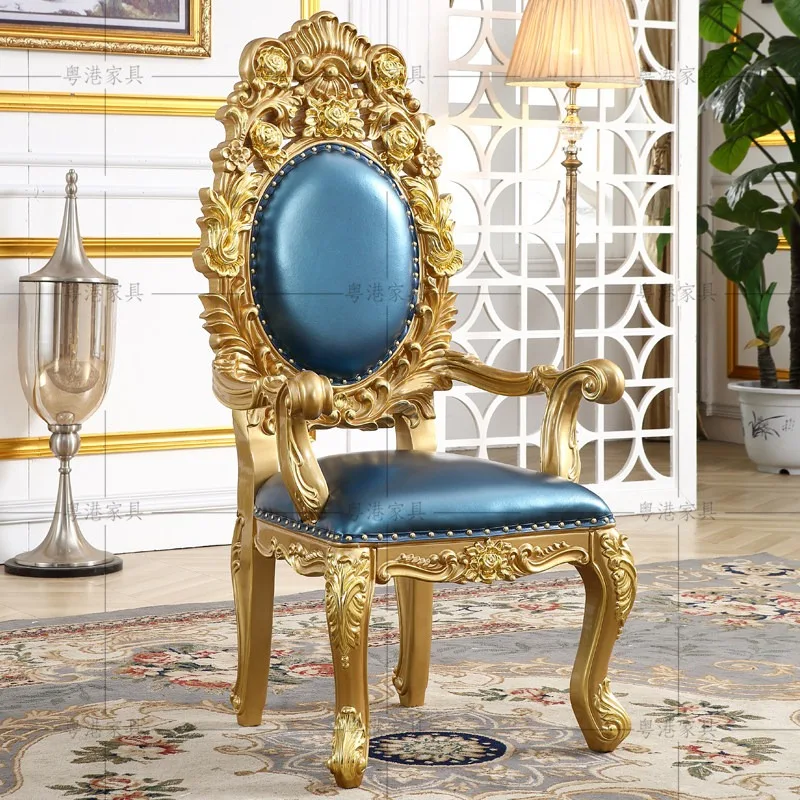 European-style all-solid wood dining chair, American-style villa restaurant noble gold leather double-sided carved backrest fami
