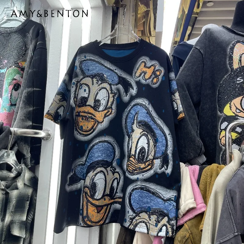 

Heavy Industry Fashion Ripped Cartoon Short Sleeved T-shirt Ladies Loose Casual Versatile Pullover Top 2025 Autumn Y2k Tshirts