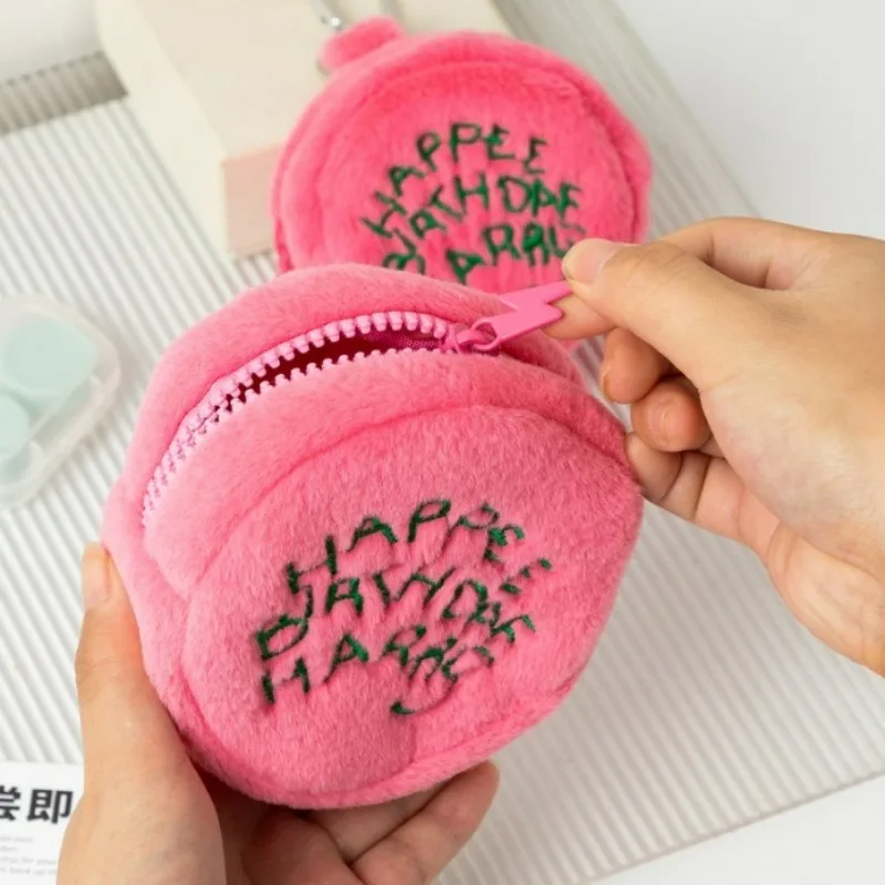 Girls Korean Plush Coin Purse Cute Wallet Women Embroidered Pink Headphone Bag Kawaii Round Bags Pendant Friend Birthday Gifts