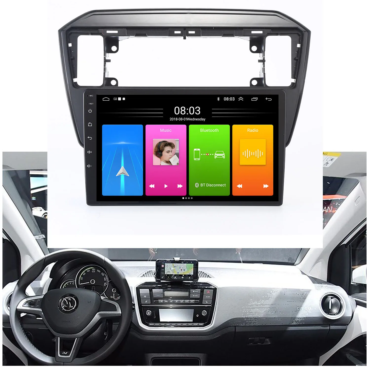 Android 9” autoradio met Bluetooth Carplay GPS-navigatie + HD achteruitrijcamera voor Skoda citigo E-Citigo/Seat Mii e-Mii KE KF - afbeelding 1