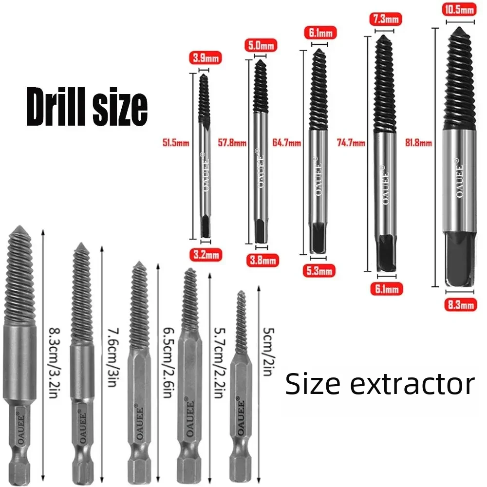 5pcs Hex Screw Extractors Tool Broken Damaged Screw Extractor Drill Bit Guide Set Broken Bolt Remover Easy Out Metalworking Tool