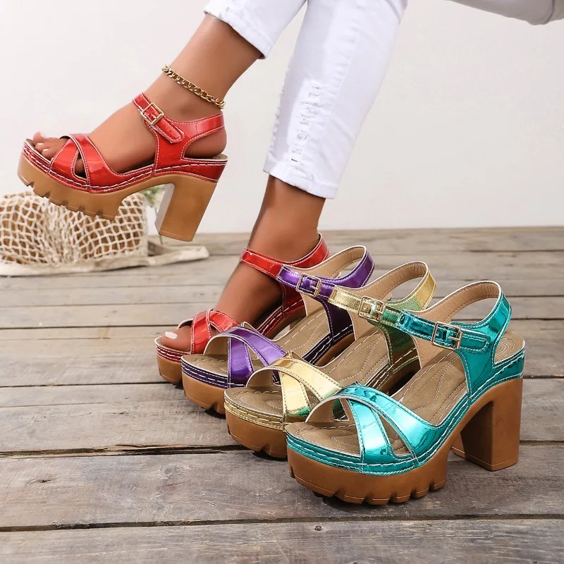 

Women's Sandals Fashion Chunky High Heels Sandals Summer Cross Strap Thick Heeled Sandals for Women Non Slip Platform Sandalias
