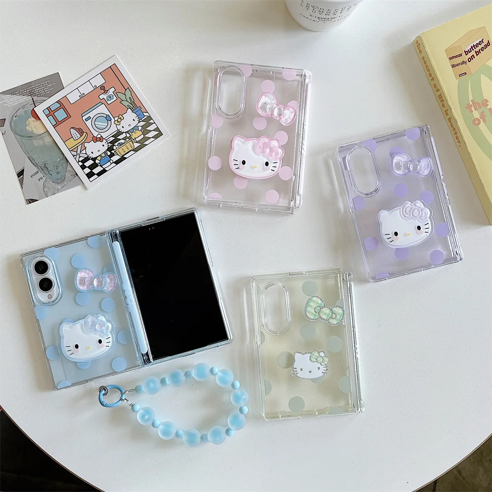 Polka Dot Hello Kitty Phone Case For Samsung Galaxy Z Fold 8 With 3D Holder Beaded Wrist Strap PC Shockproof Protective Cover